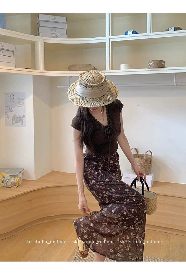 여름 허리밴드 도루 가을 센스 레트로 쉬폰 꽃무늬 반신 스커트 상세 이미지 4