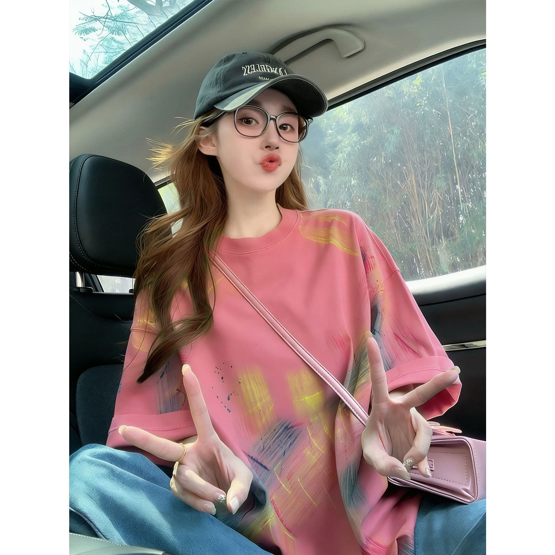 순면 이후 패키지 칼라 홀치기 염색 중간 길이 티셔츠 여성 도파민 배색 낙서 루즈핏 맨위 트렌디 이미지 2