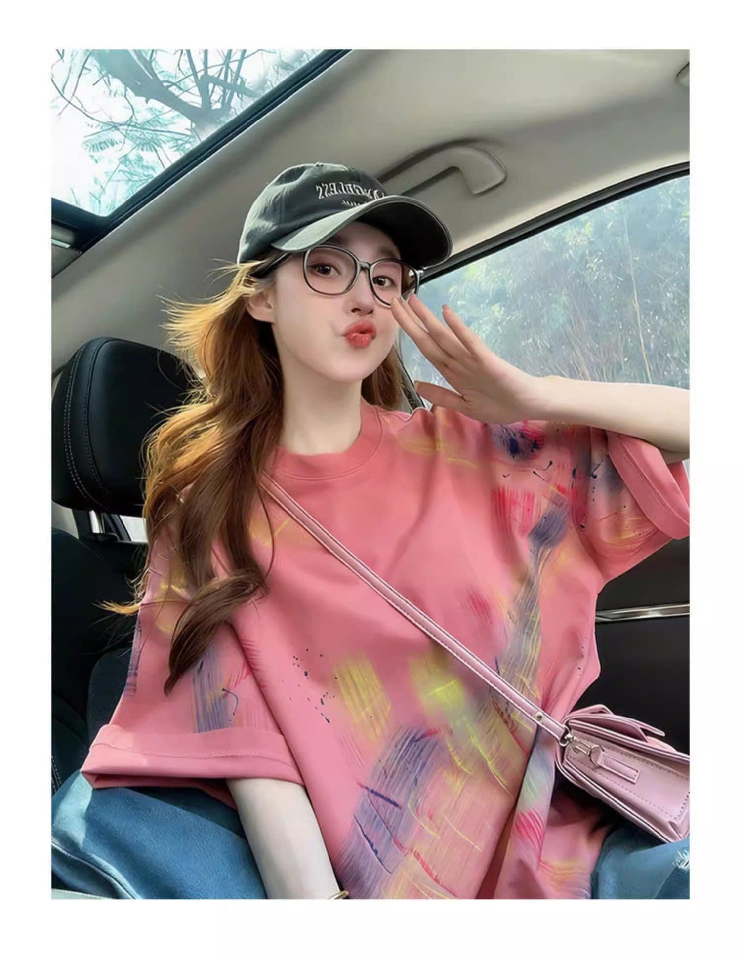 순면 이후 패키지 칼라 홀치기 염색 중간 길이 티셔츠 여성 도파민 배색 낙서 루즈핏 맨위 트렌디 상세 이미지 7