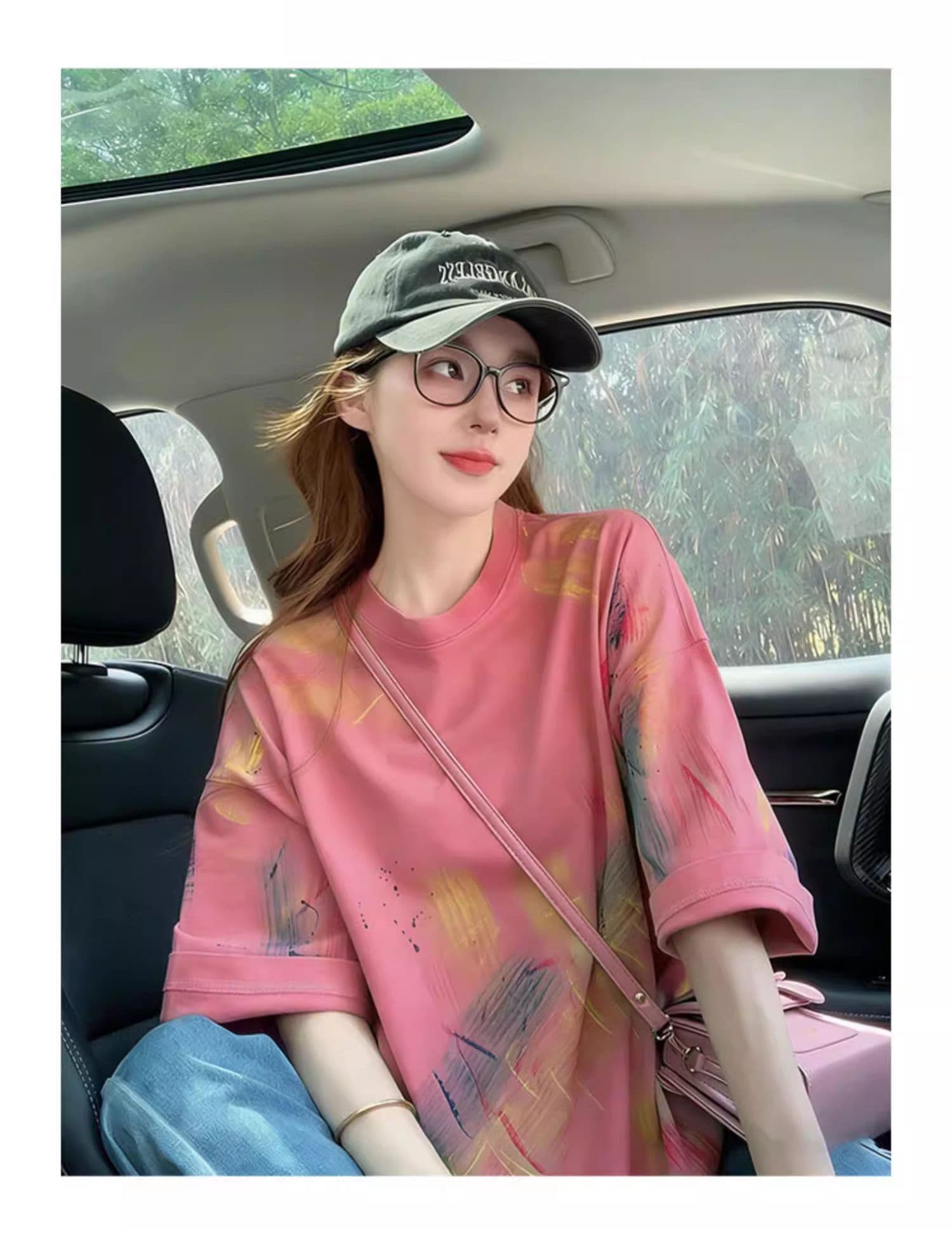 순면 이후 패키지 칼라 홀치기 염색 중간 길이 티셔츠 여성 도파민 배색 낙서 루즈핏 맨위 트렌디 상세 이미지 8