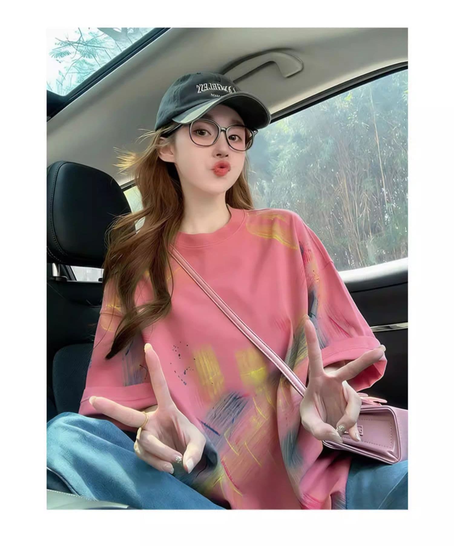순면 이후 패키지 칼라 홀치기 염색 중간 길이 티셔츠 여성 도파민 배색 낙서 루즈핏 맨위 트렌디 상세 이미지 9