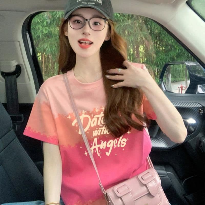 200그램 순면 이후 패키지 칼라 색상 색 후광 염색 루즈핏 티셔츠 여성 디자인 센스 프린트 슬림해 보이는 맨위 트렌디 이미지 3