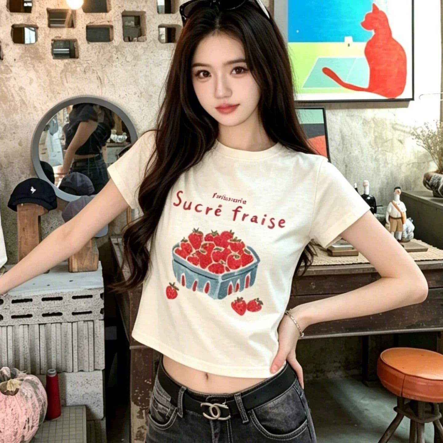 92 면 2026 년 프린트 쇼트 스타일 반팔 높은 탄력성 새로운 여름 몸매 가꾸기 슬림해 보이는 여성 셔츠 이미지 4