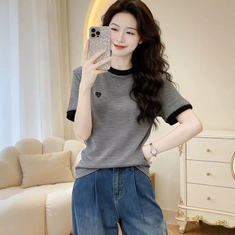 상쾌 리브 컬러 짜임 기사 빅 사이즈 여성 의류 한 부서 배색 스트라이프 반팔 티셔츠 여름
