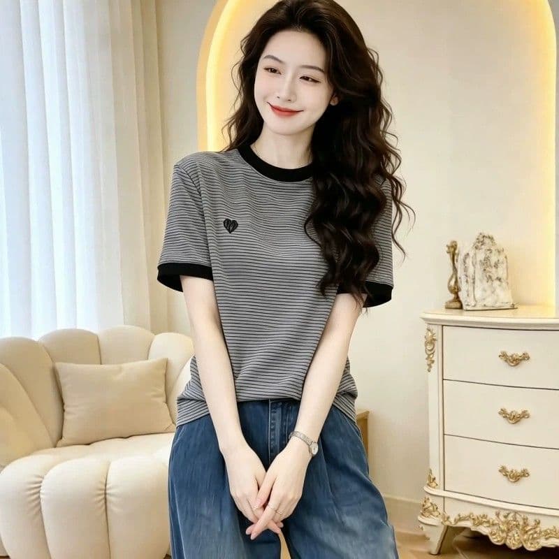 상쾌 리브 컬러 짜임 기사 빅 사이즈 여성 의류 한 부서 배색 스트라이프 반팔 티셔츠 여름 이미지 2