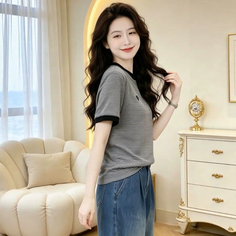 상쾌 리브 컬러 짜임 기사 빅 사이즈 여성 의류 한 부서 배색 스트라이프 반팔 티셔츠 여름 이미지 5