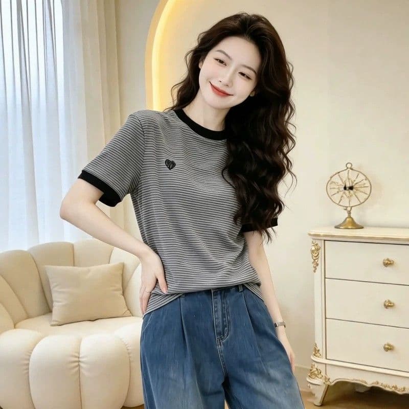 상쾌 리브 컬러 짜임 기사 빅 사이즈 여성 의류 한 부서 배색 스트라이프 반팔 티셔츠 여름 이미지 4