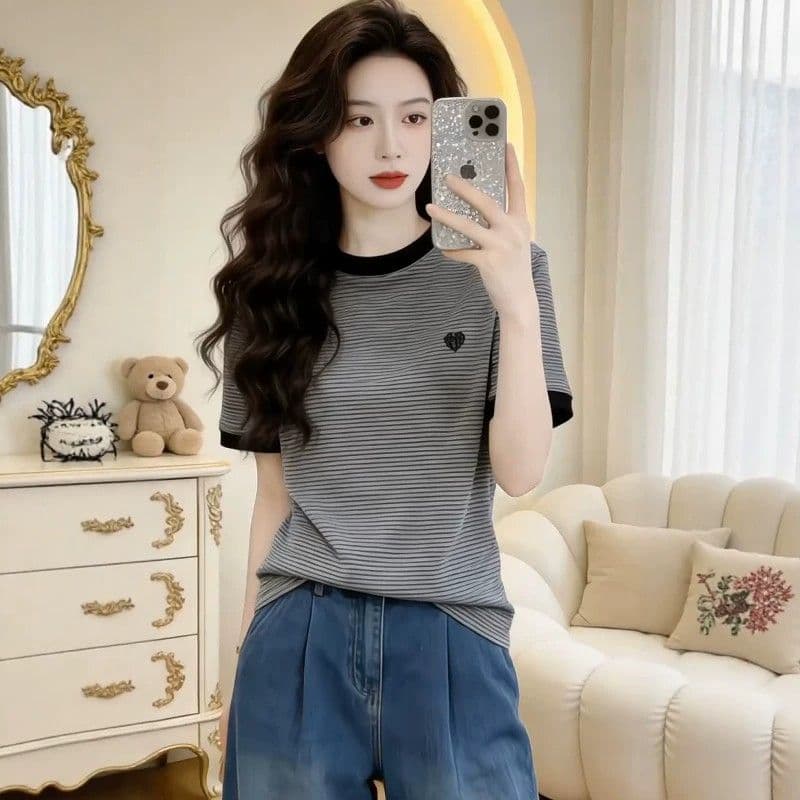 상쾌 리브 컬러 짜임 기사 빅 사이즈 여성 의류 한 부서 배색 스트라이프 반팔 티셔츠 여름 상세 이미지 3