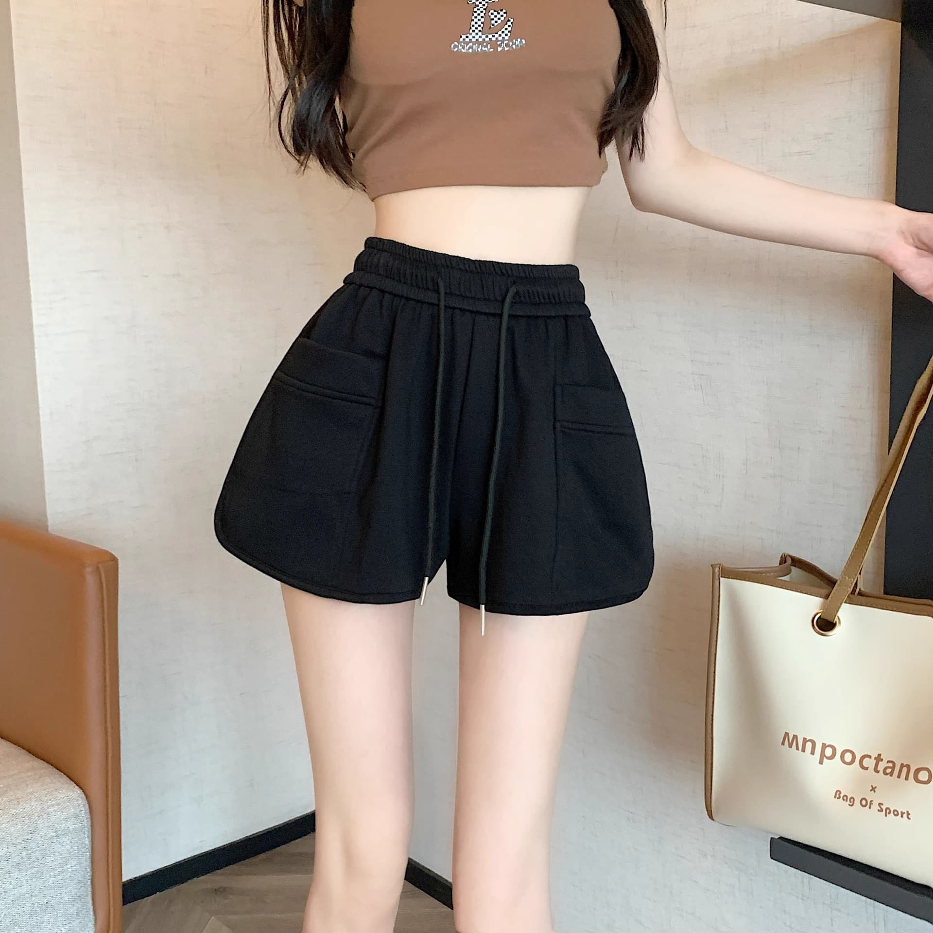 핑크색 바지 운동 바지 여성 여름 펌프 로프 캐주얼 바지 루즈핏 와이드 레그 팬츠 슬림해 보이는 작은 키 한 마디 바지 이미지 4