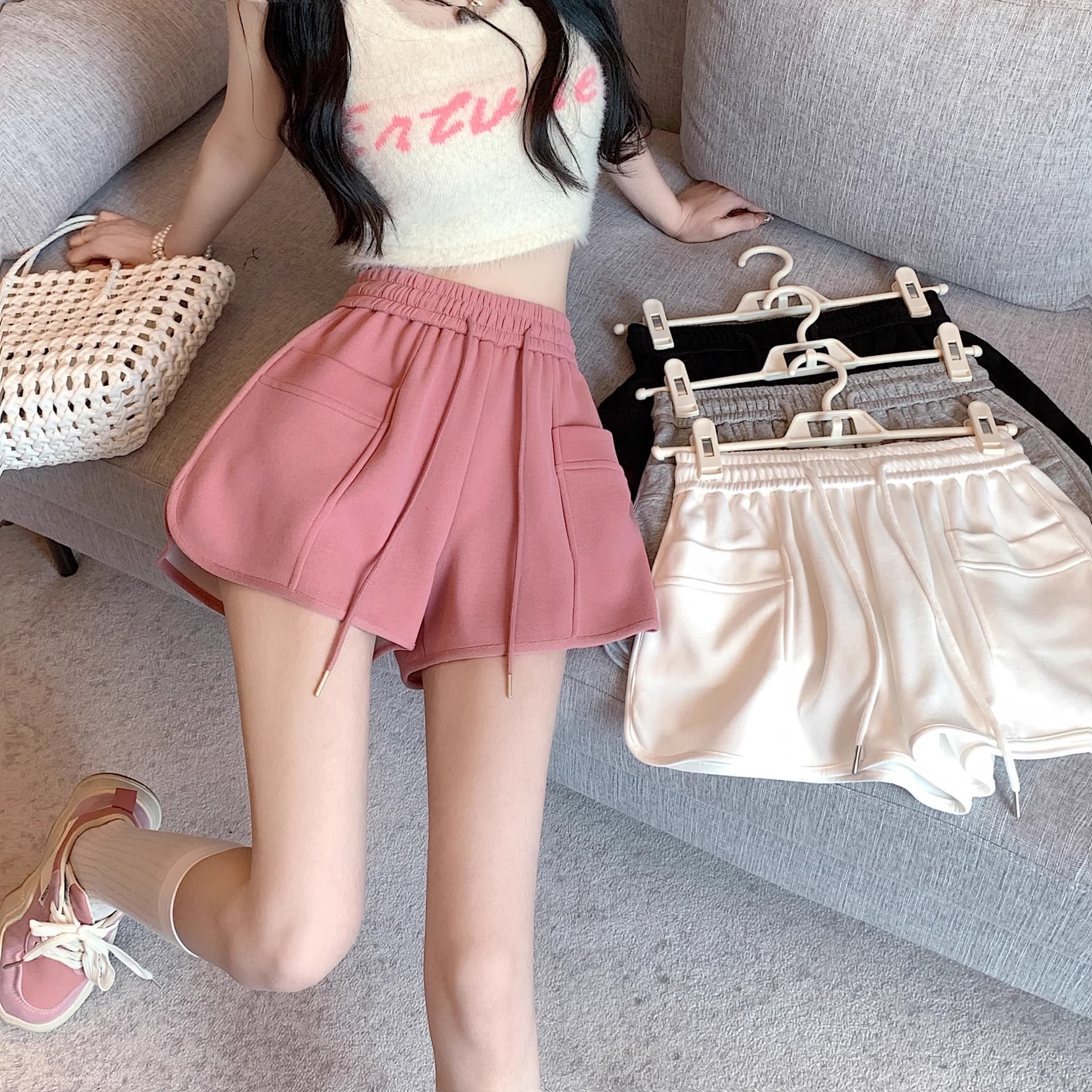 핑크색 바지 운동 바지 여성 여름 펌프 로프 캐주얼 바지 루즈핏 와이드 레그 팬츠 슬림해 보이는 작은 키 한 마디 바지 상세 이미지 2