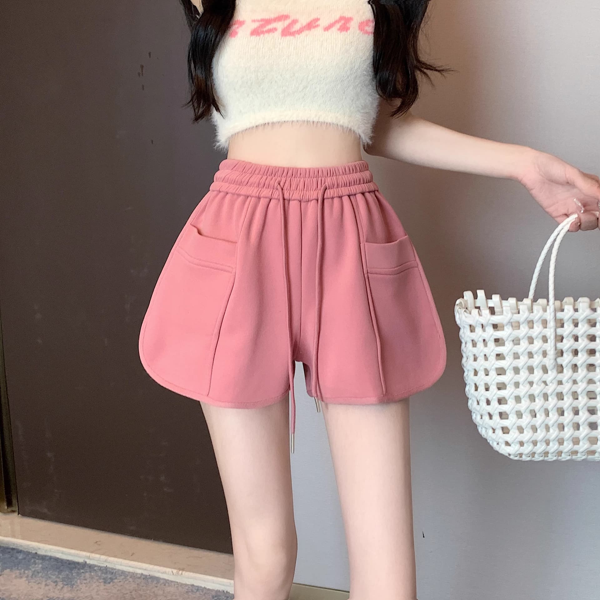 핑크색 바지 운동 바지 여성 여름 펌프 로프 캐주얼 바지 루즈핏 와이드 레그 팬츠 슬림해 보이는 작은 키 한 마디 바지 상세 이미지 4