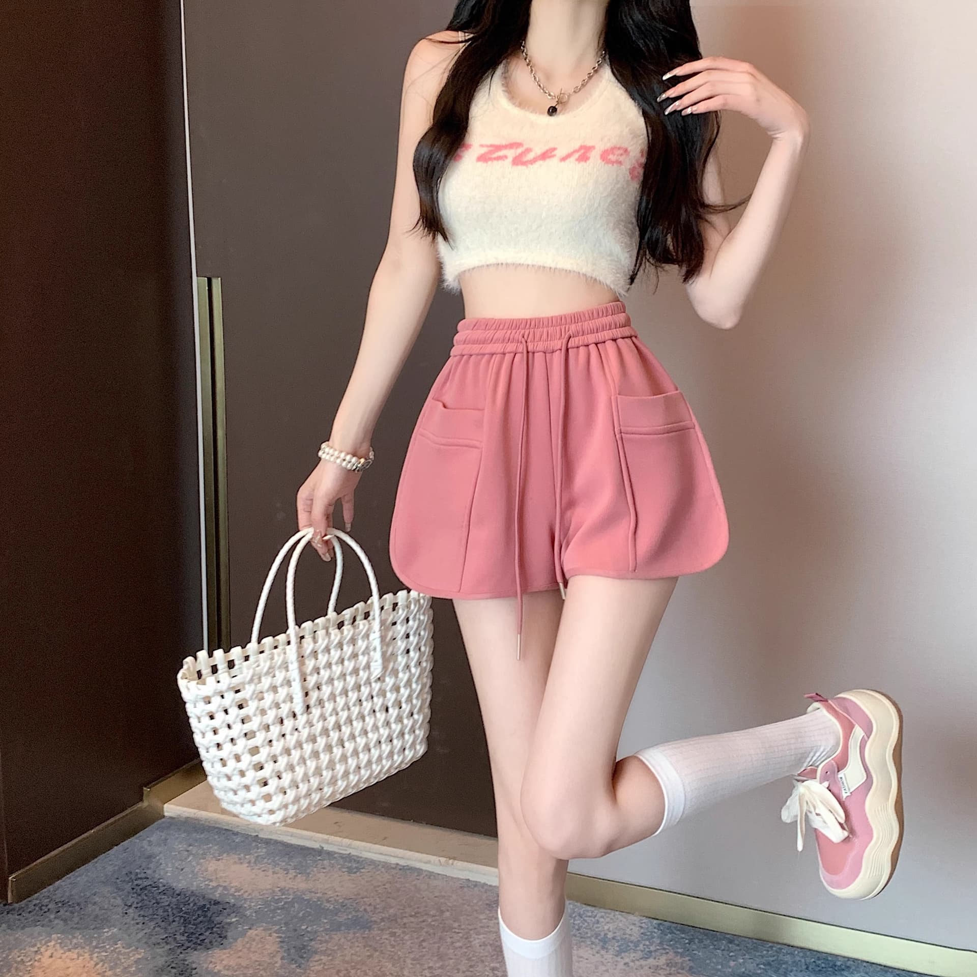 핑크색 바지 운동 바지 여성 여름 펌프 로프 캐주얼 바지 루즈핏 와이드 레그 팬츠 슬림해 보이는 작은 키 한 마디 바지 상세 이미지 5