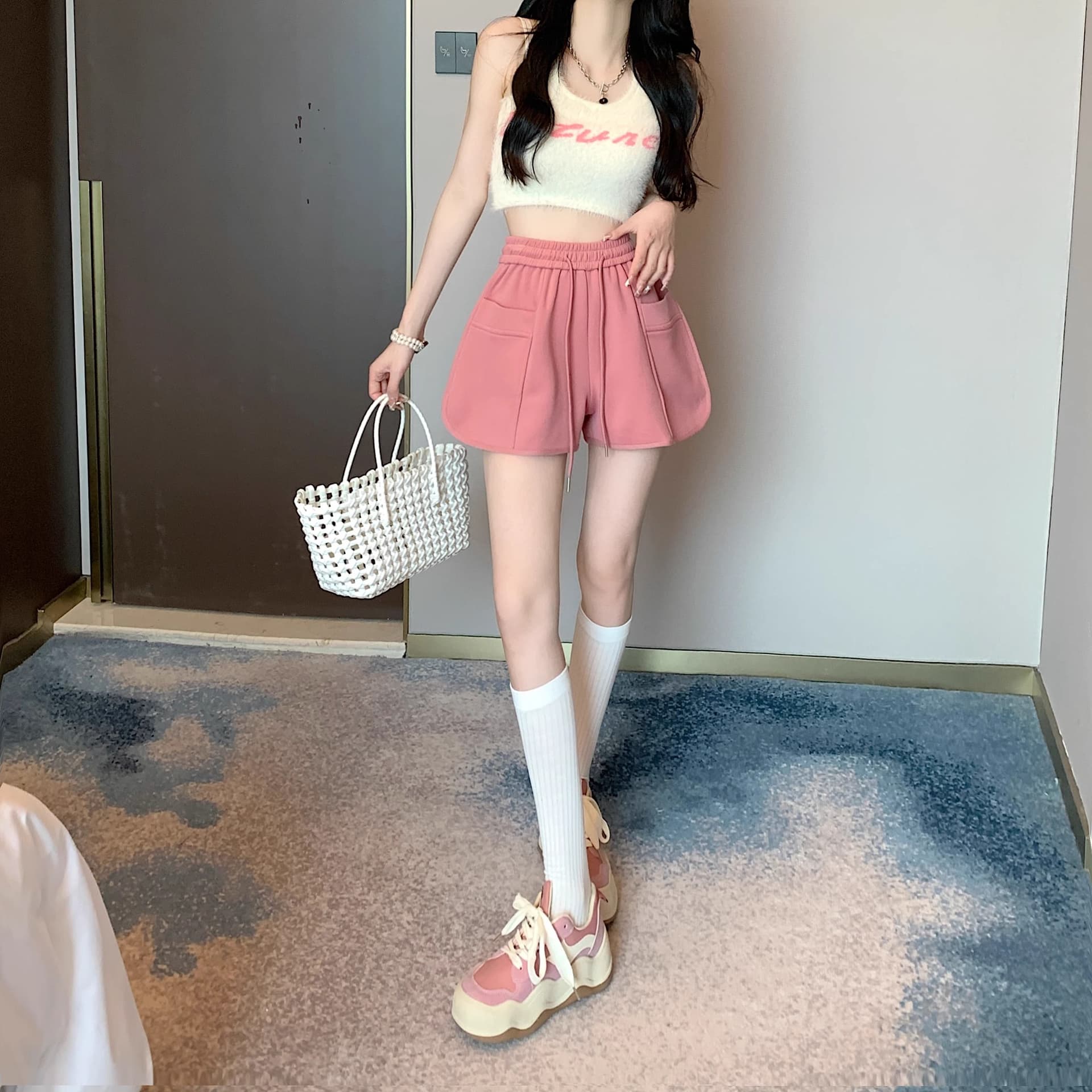 핑크색 바지 운동 바지 여성 여름 펌프 로프 캐주얼 바지 루즈핏 와이드 레그 팬츠 슬림해 보이는 작은 키 한 마디 바지 상세 이미지 6