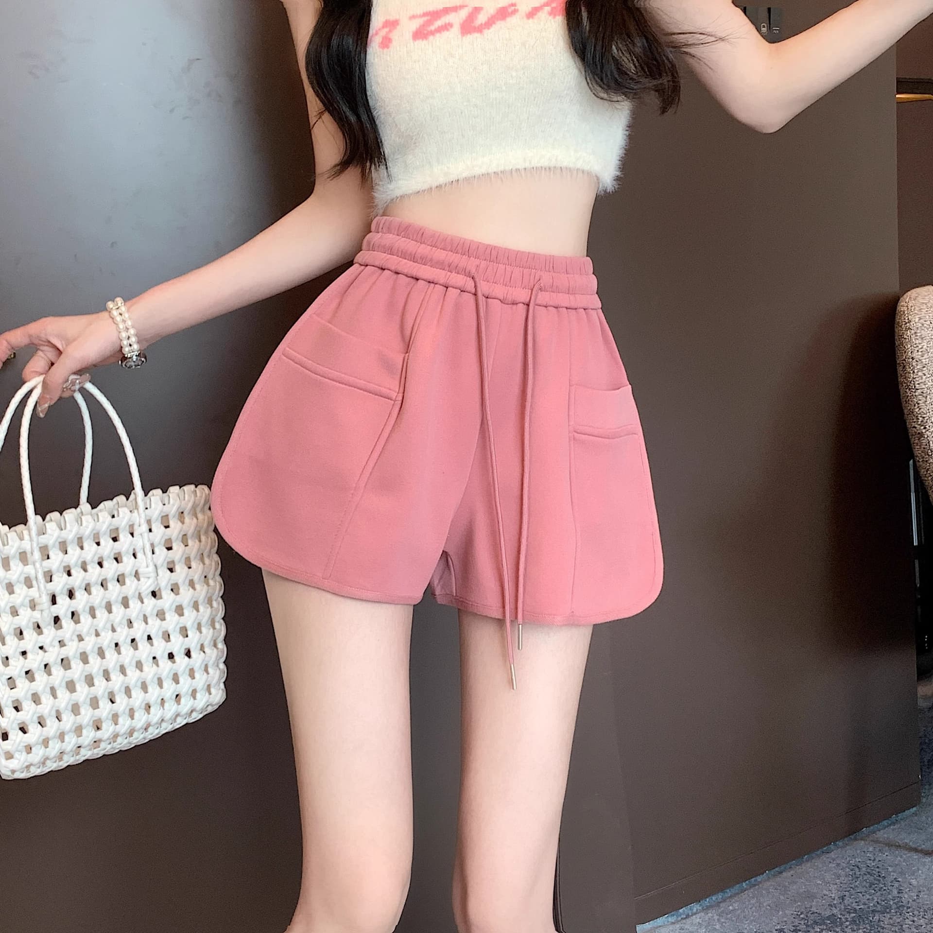 핑크색 바지 운동 바지 여성 여름 펌프 로프 캐주얼 바지 루즈핏 와이드 레그 팬츠 슬림해 보이는 작은 키 한 마디 바지 상세 이미지 8
