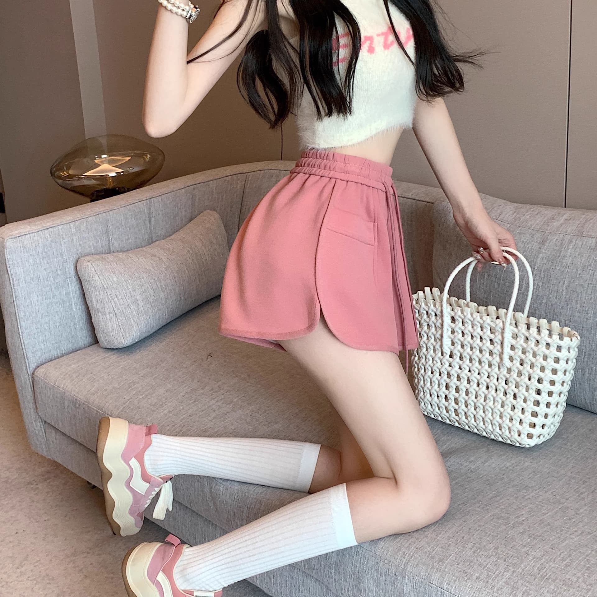 핑크색 바지 운동 바지 여성 여름 펌프 로프 캐주얼 바지 루즈핏 와이드 레그 팬츠 슬림해 보이는 작은 키 한 마디 바지 상세 이미지 9