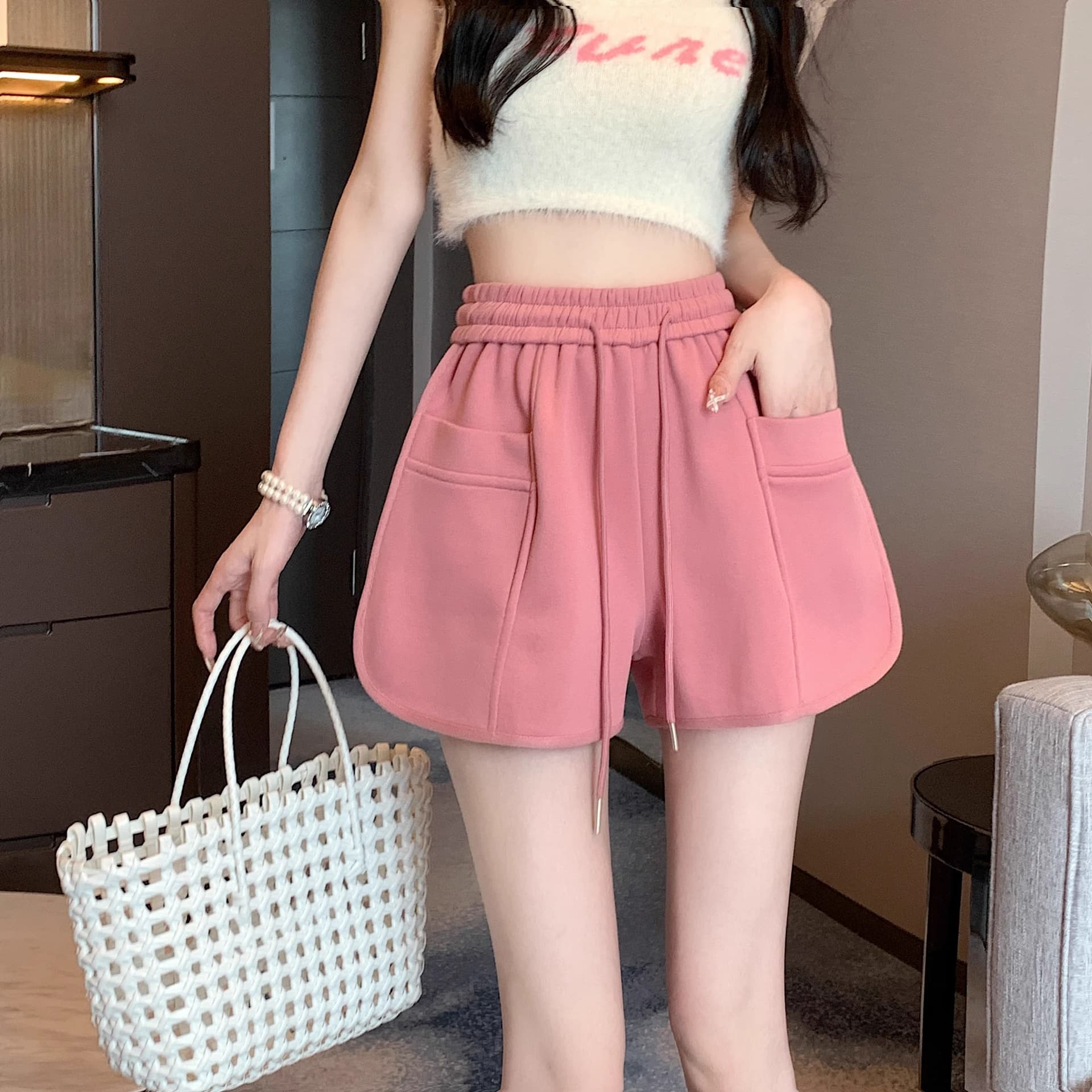 핑크색 바지 운동 바지 여성 여름 펌프 로프 캐주얼 바지 루즈핏 와이드 레그 팬츠 슬림해 보이는 작은 키 한 마디 바지 상세 이미지 10