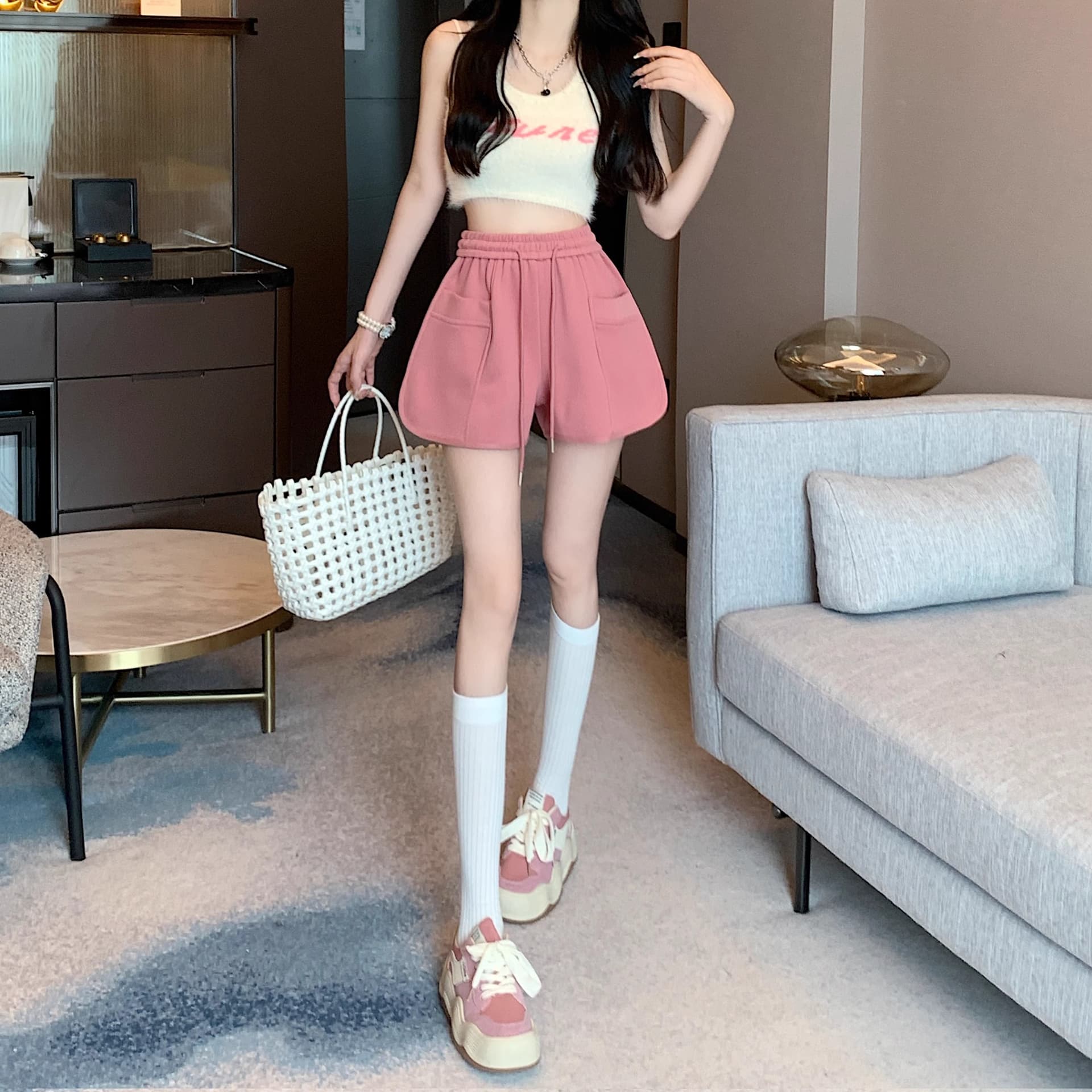 핑크색 바지 운동 바지 여성 여름 펌프 로프 캐주얼 바지 루즈핏 와이드 레그 팬츠 슬림해 보이는 작은 키 한 마디 바지 상세 이미지 11