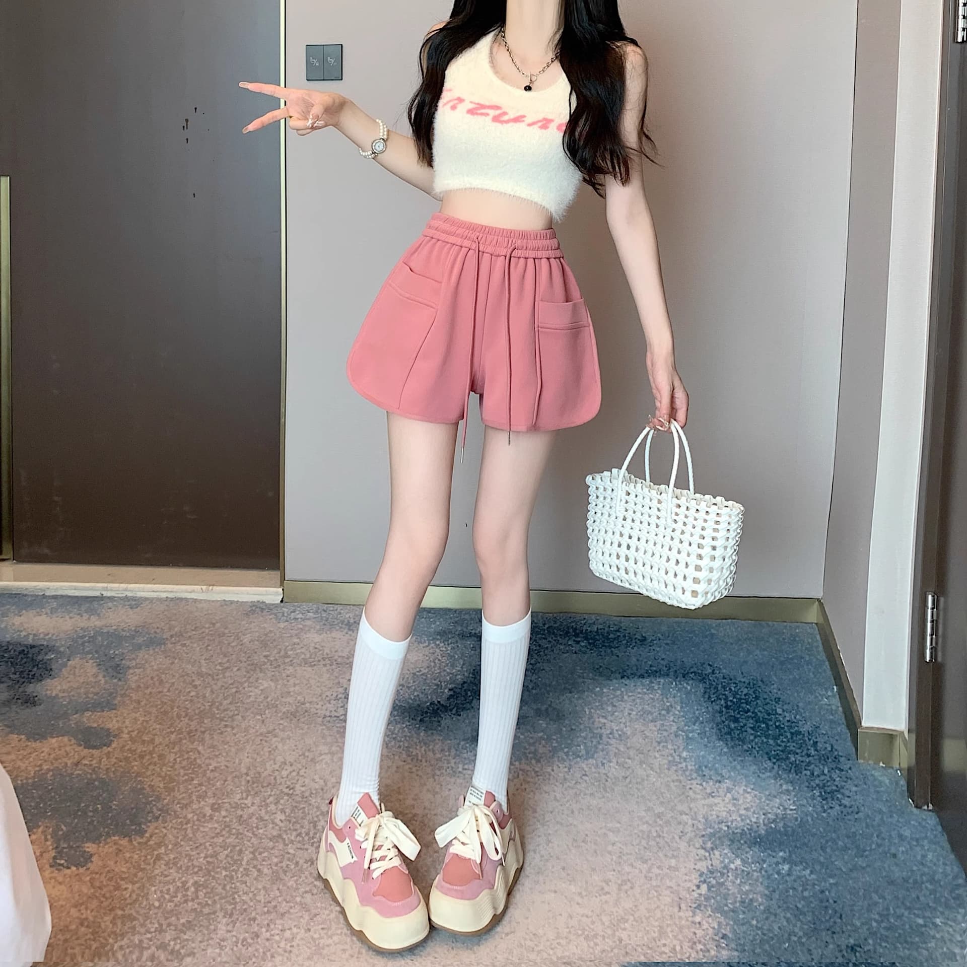 핑크색 바지 운동 바지 여성 여름 펌프 로프 캐주얼 바지 루즈핏 와이드 레그 팬츠 슬림해 보이는 작은 키 한 마디 바지 상세 이미지 13