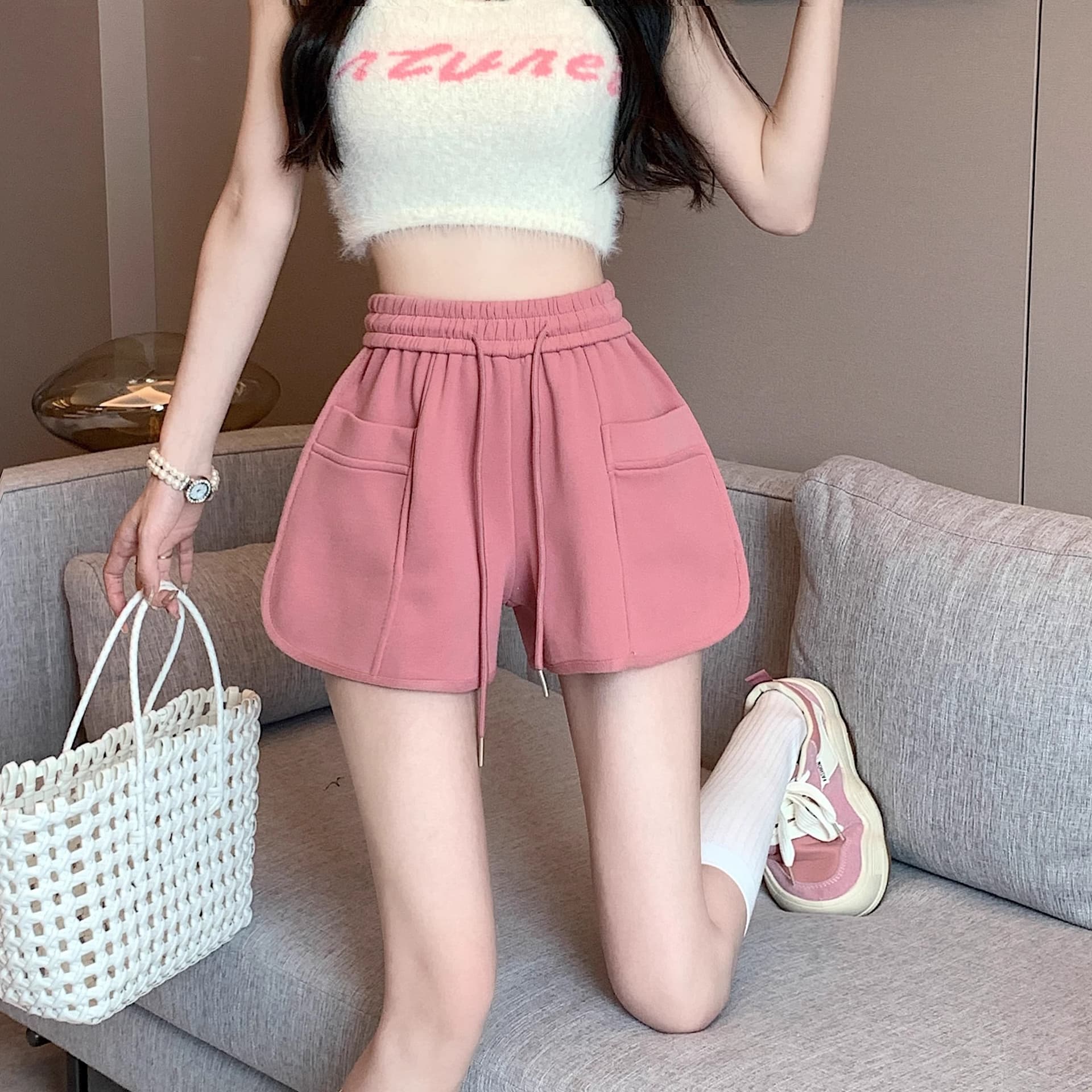 핑크색 바지 운동 바지 여성 여름 펌프 로프 캐주얼 바지 루즈핏 와이드 레그 팬츠 슬림해 보이는 작은 키 한 마디 바지 상세 이미지 14