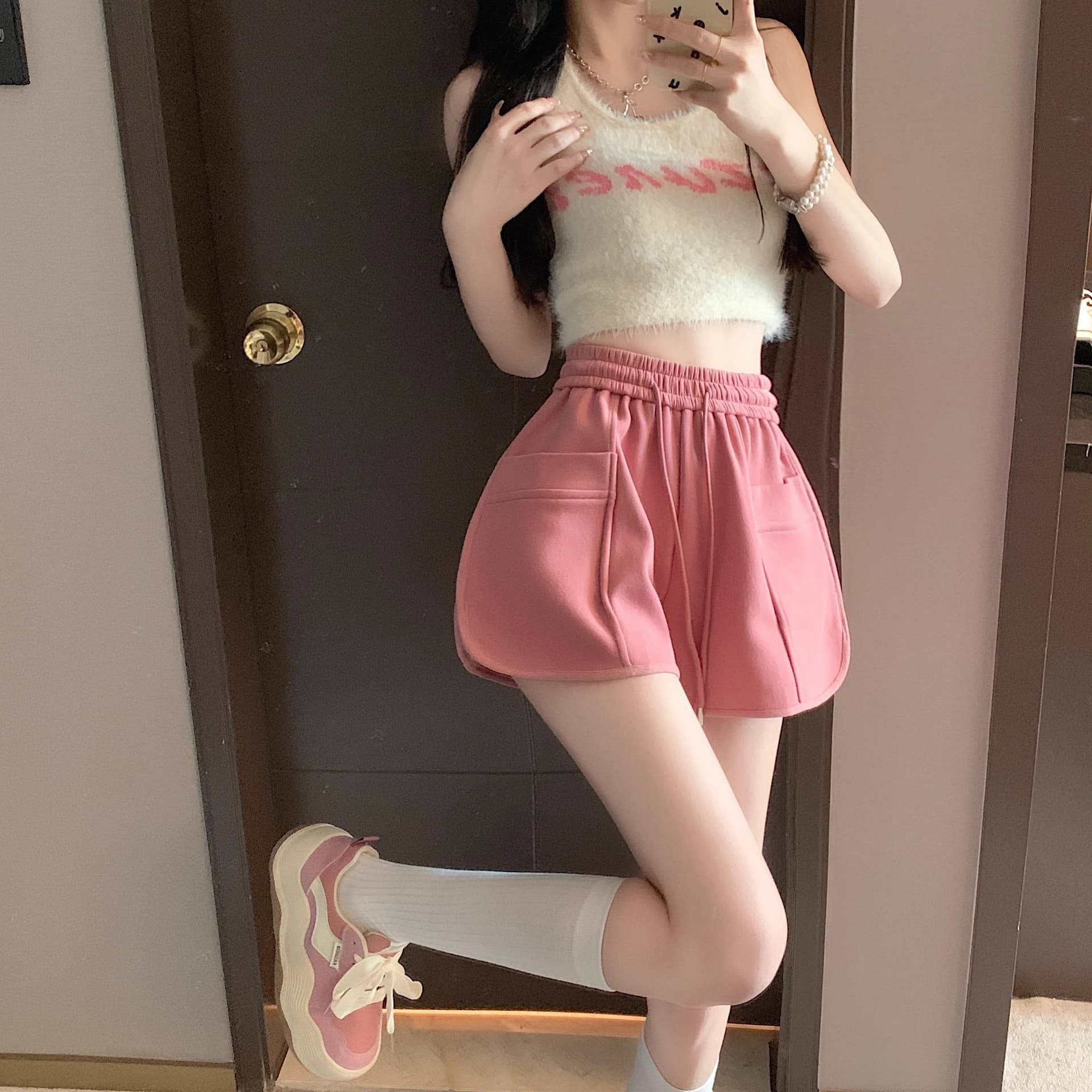 핑크색 바지 운동 바지 여성 여름 펌프 로프 캐주얼 바지 루즈핏 와이드 레그 팬츠 슬림해 보이는 작은 키 한 마디 바지 상세 이미지 17