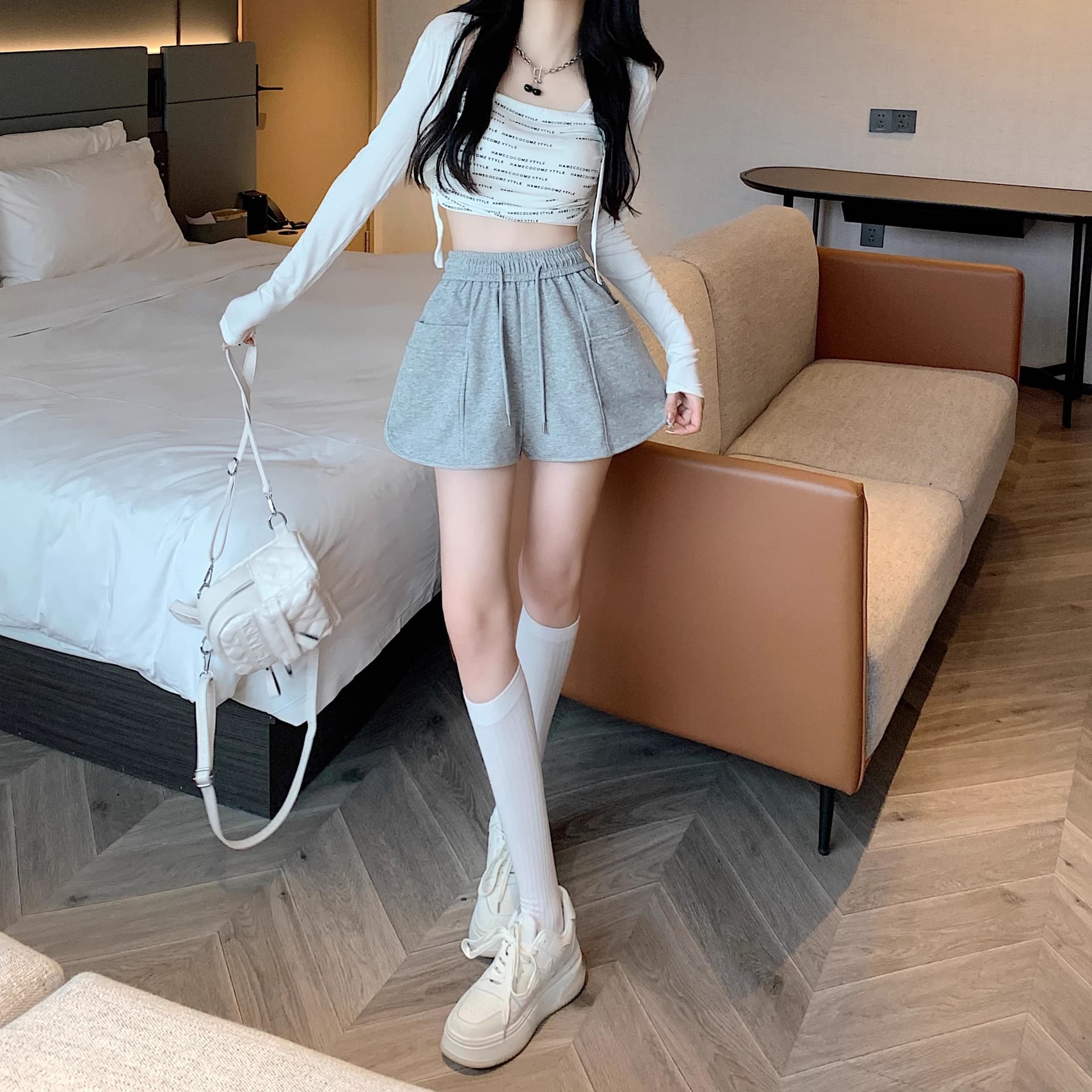 핑크색 바지 운동 바지 여성 여름 펌프 로프 캐주얼 바지 루즈핏 와이드 레그 팬츠 슬림해 보이는 작은 키 한 마디 바지 상세 이미지 21