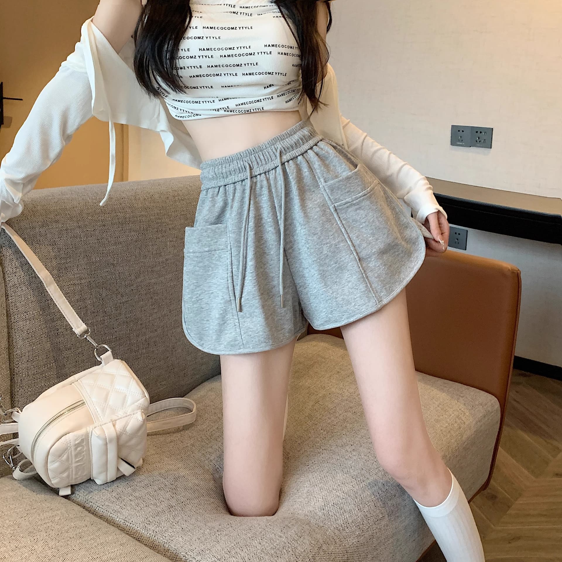 핑크색 바지 운동 바지 여성 여름 펌프 로프 캐주얼 바지 루즈핏 와이드 레그 팬츠 슬림해 보이는 작은 키 한 마디 바지 상세 이미지 22