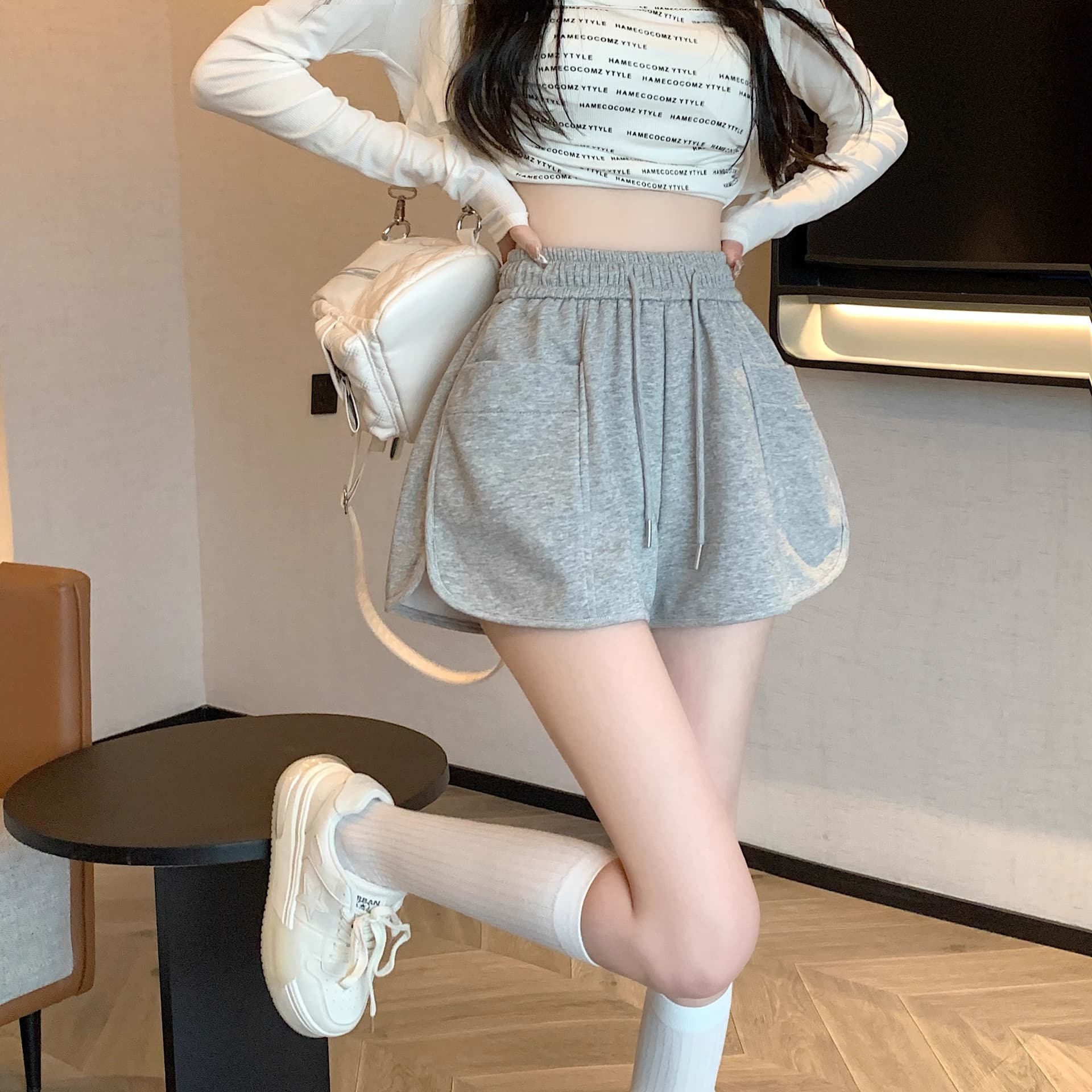 핑크색 바지 운동 바지 여성 여름 펌프 로프 캐주얼 바지 루즈핏 와이드 레그 팬츠 슬림해 보이는 작은 키 한 마디 바지 상세 이미지 29