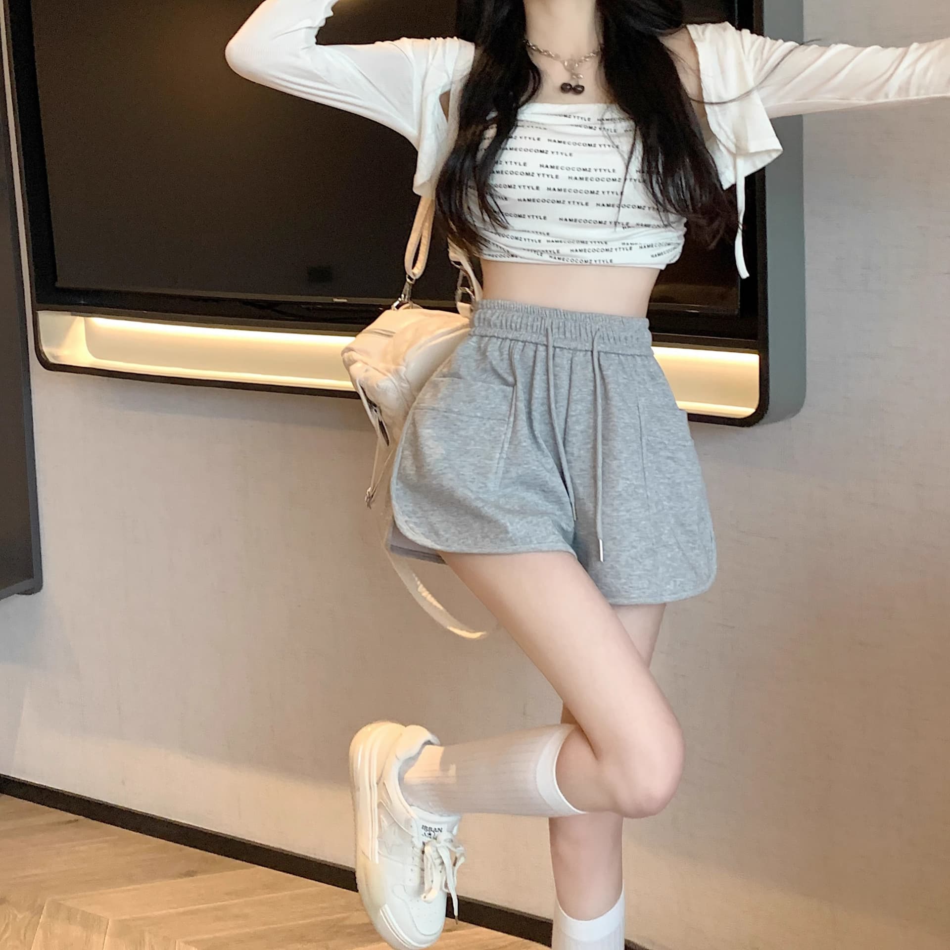 핑크색 바지 운동 바지 여성 여름 펌프 로프 캐주얼 바지 루즈핏 와이드 레그 팬츠 슬림해 보이는 작은 키 한 마디 바지 상세 이미지 31