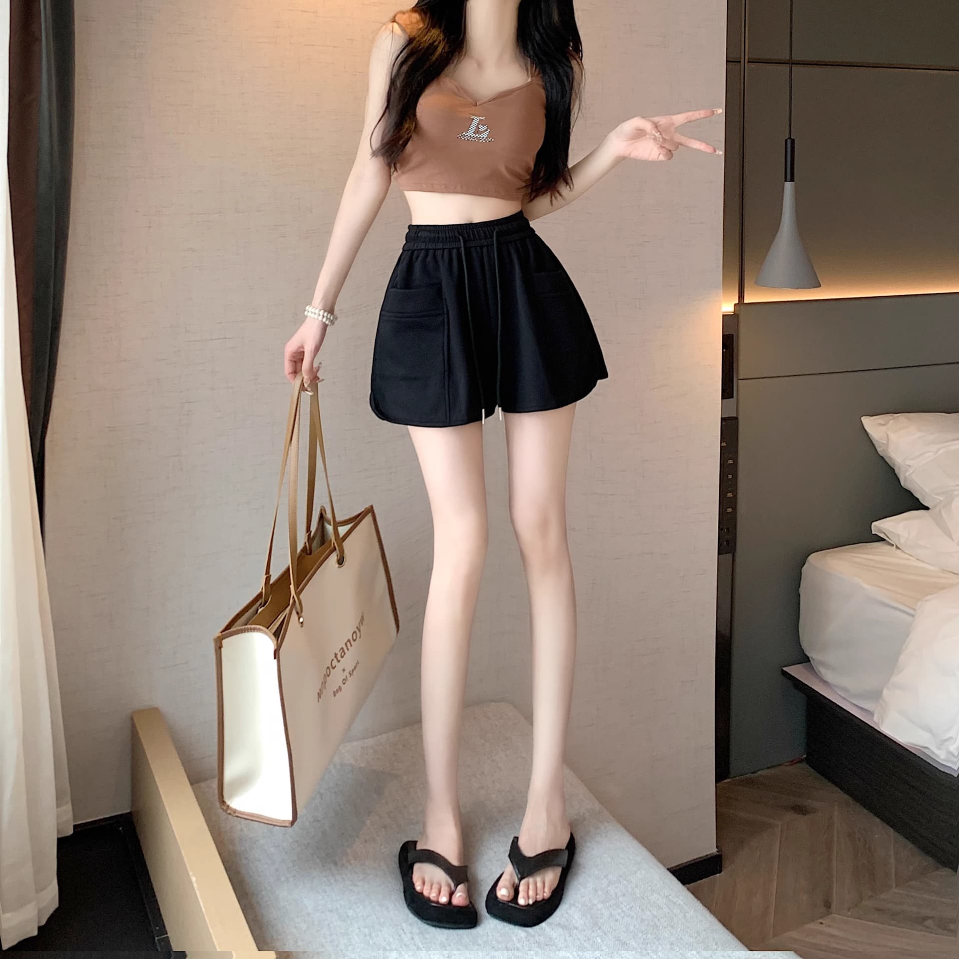 핑크색 바지 운동 바지 여성 여름 펌프 로프 캐주얼 바지 루즈핏 와이드 레그 팬츠 슬림해 보이는 작은 키 한 마디 바지 상세 이미지 37