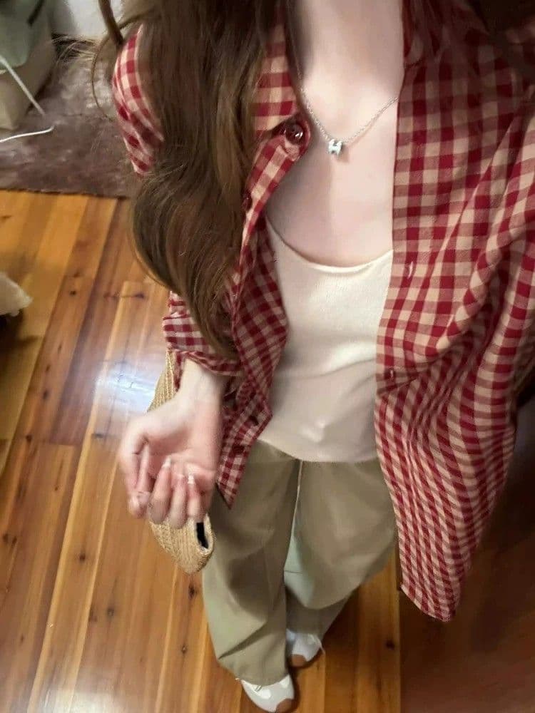레트로 빨간색 격자 무늬 셔츠 여성 코트 얇은 스타일 루즈핏 느긋한 긴팔 자외선 차단 셔츠 맨위