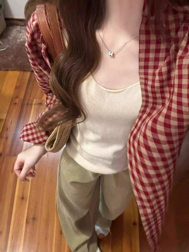 레트로 빨간색 격자 무늬 셔츠 여성 코트 얇은 스타일 루즈핏 느긋한 긴팔 자외선 차단 셔츠 맨위 상세 이미지 6