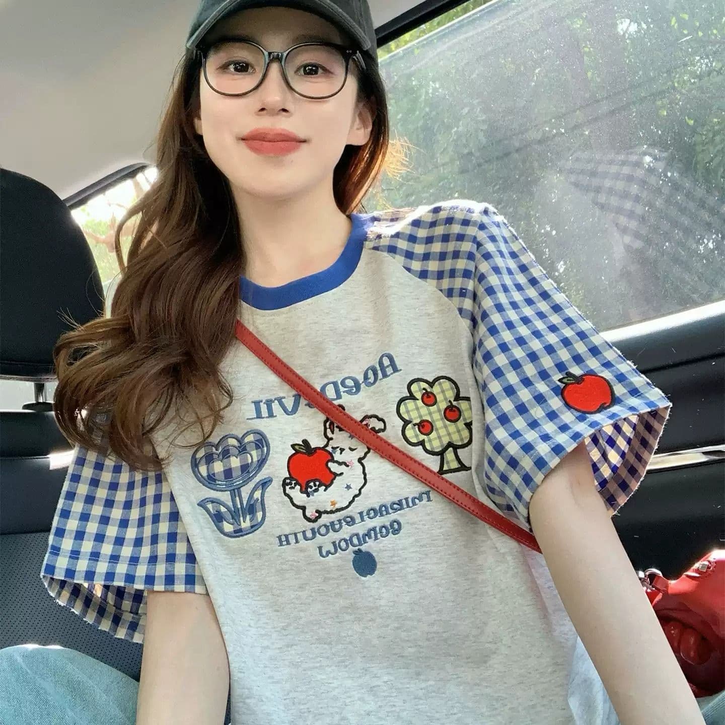 220 그램 순면 이후 패키지 칼라 체크무늬 배색 삽입 어깨 반팔 티셔츠 여성 2026 여름 프린트 맨위 이미지 2