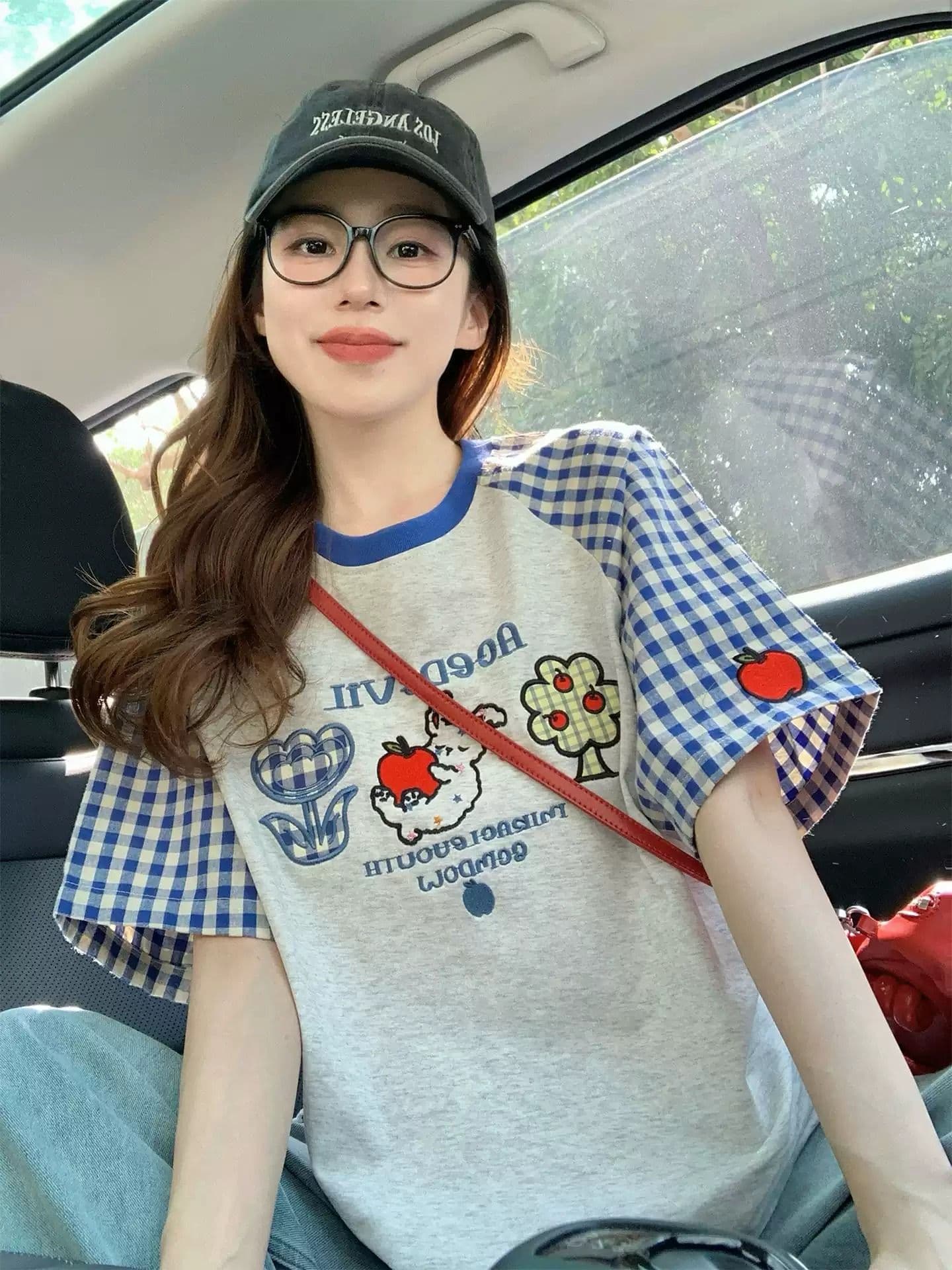 220 그램 순면 이후 패키지 칼라 체크무늬 배색 삽입 어깨 반팔 티셔츠 여성 2026 여름 프린트 맨위 상세 이미지 2