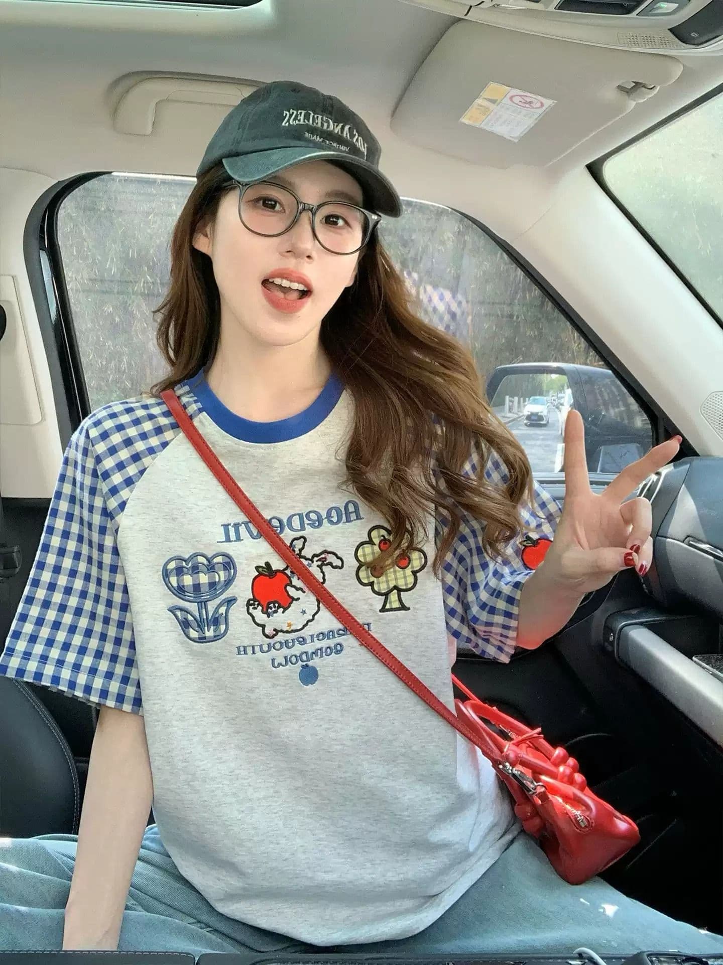220 그램 순면 이후 패키지 칼라 체크무늬 배색 삽입 어깨 반팔 티셔츠 여성 2026 여름 프린트 맨위 상세 이미지 3