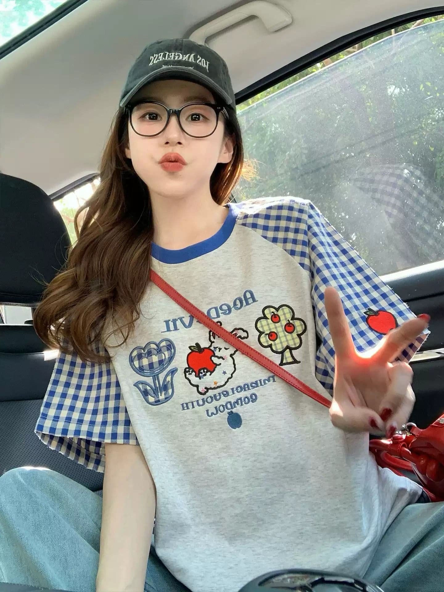 220 그램 순면 이후 패키지 칼라 체크무늬 배색 삽입 어깨 반팔 티셔츠 여성 2026 여름 프린트 맨위 상세 이미지 5
