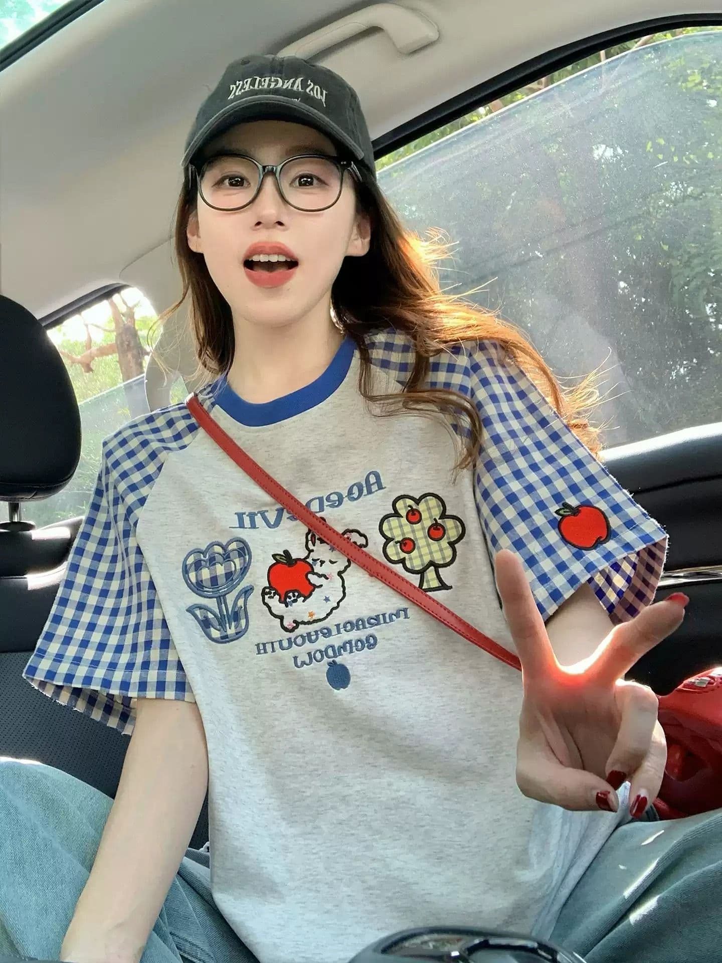 220 그램 순면 이후 패키지 칼라 체크무늬 배색 삽입 어깨 반팔 티셔츠 여성 2026 여름 프린트 맨위 상세 이미지 6