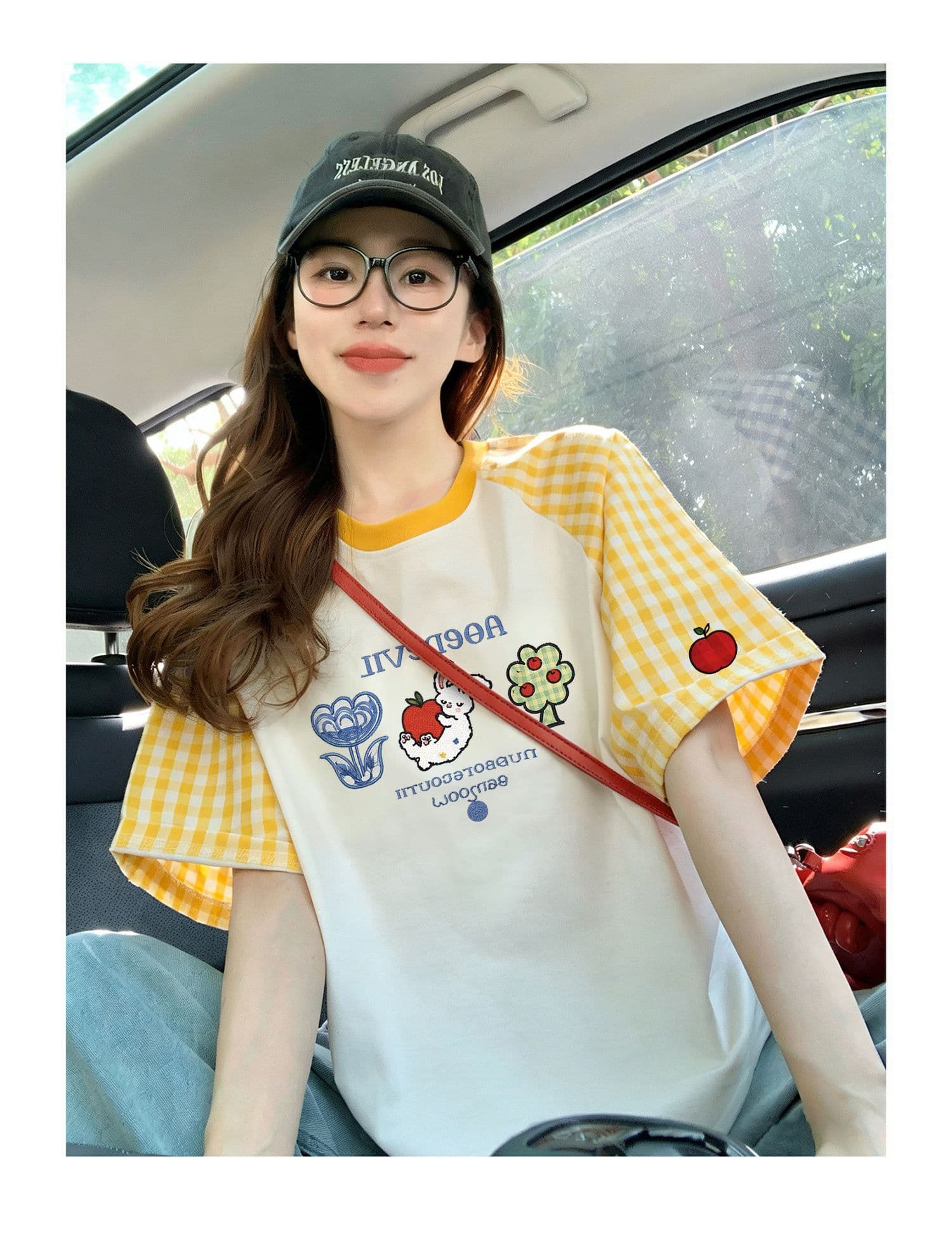 220 그램 순면 이후 패키지 칼라 체크무늬 배색 삽입 어깨 반팔 티셔츠 여성 2026 여름 프린트 맨위 상세 이미지 7