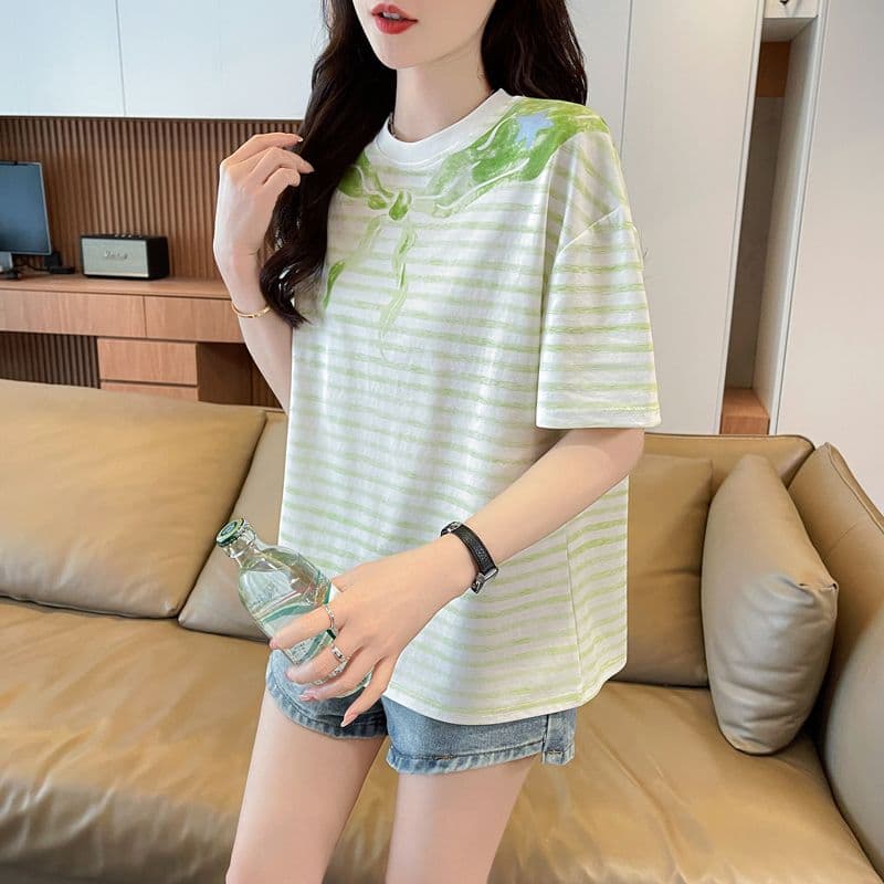 실사 62 면 38 폴리 에스터 반팔 티셔츠 여성 여름 드레스 반팔 얇은 스타일 스트라이프 루즈핏 작은 키 디자인 센스 맨위 이미지 2