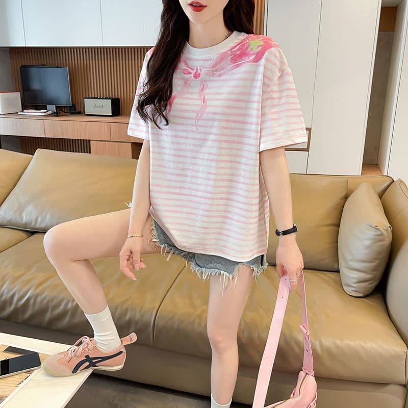 실사 62 면 38 폴리 에스터 반팔 티셔츠 여성 여름 드레스 반팔 얇은 스타일 스트라이프 루즈핏 작은 키 디자인 센스 맨위 상세 이미지 7
