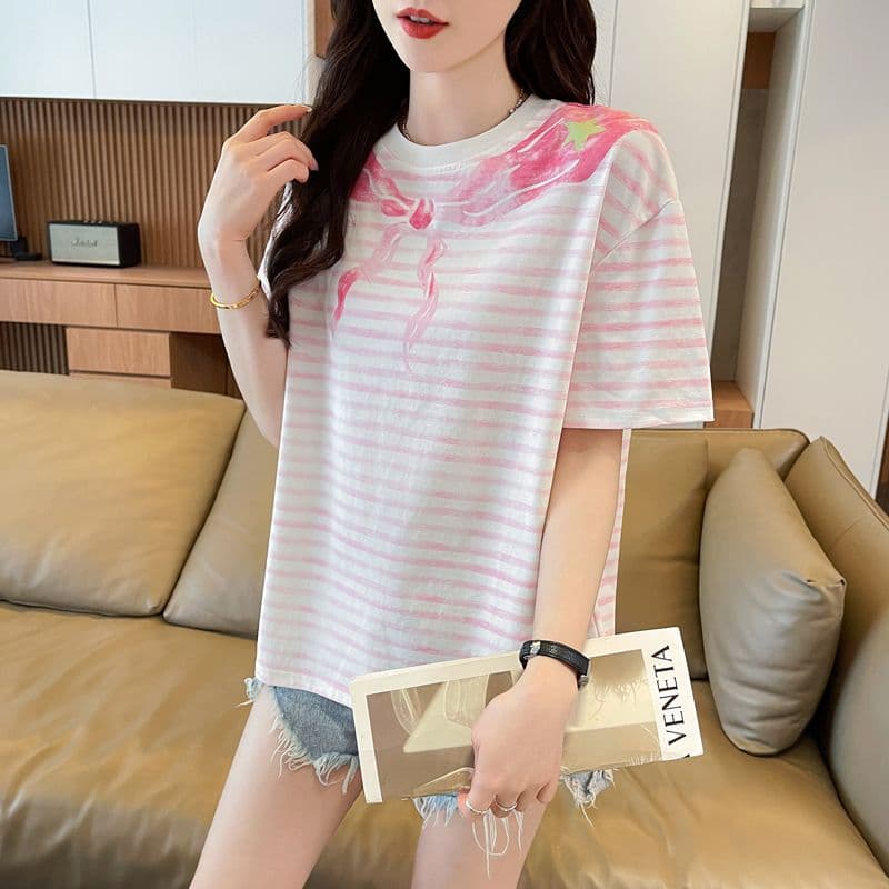 실사 62 면 38 폴리 에스터 반팔 티셔츠 여성 여름 드레스 반팔 얇은 스타일 스트라이프 루즈핏 작은 키 디자인 센스 맨위 상세 이미지 8