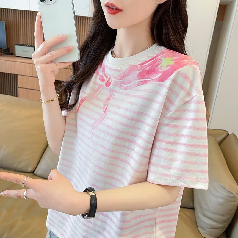 실사 62 면 38 폴리 에스터 반팔 티셔츠 여성 여름 드레스 반팔 얇은 스타일 스트라이프 루즈핏 작은 키 디자인 센스 맨위 상세 이미지 10