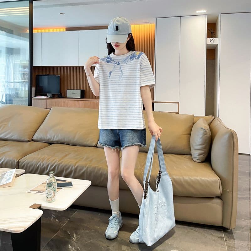 실사 62 면 38 폴리 에스터 반팔 티셔츠 여성 여름 드레스 반팔 얇은 스타일 스트라이프 루즈핏 작은 키 디자인 센스 맨위 상세 이미지 13