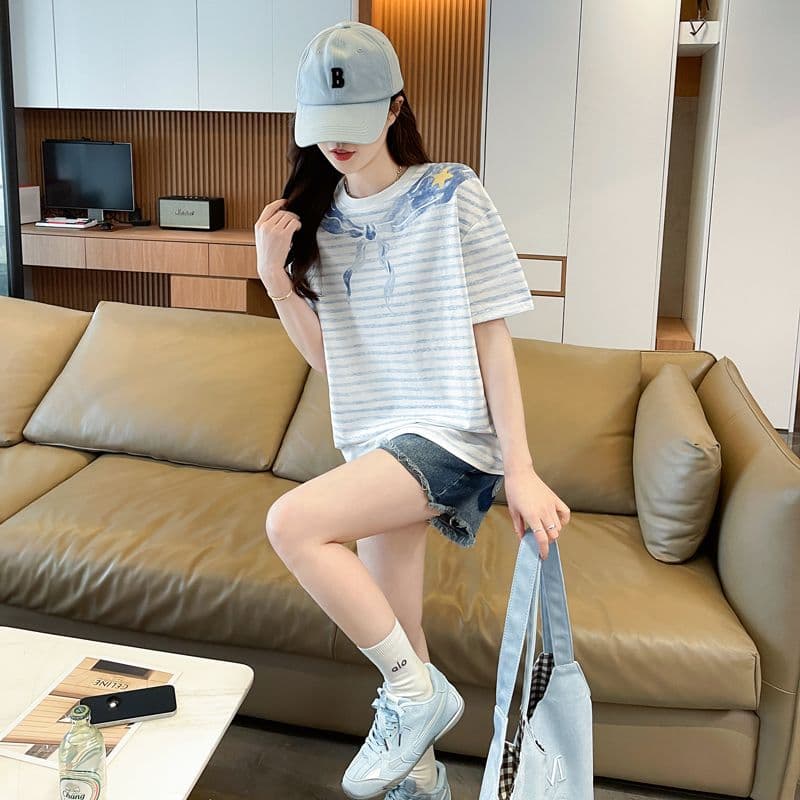 실사 62 면 38 폴리 에스터 반팔 티셔츠 여성 여름 드레스 반팔 얇은 스타일 스트라이프 루즈핏 작은 키 디자인 센스 맨위 상세 이미지 14
