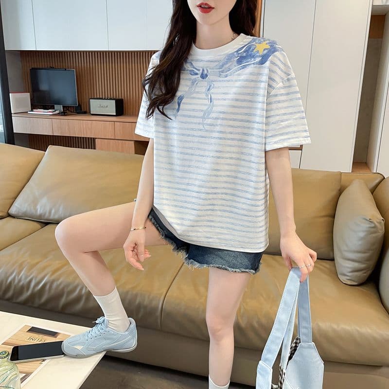 실사 62 면 38 폴리 에스터 반팔 티셔츠 여성 여름 드레스 반팔 얇은 스타일 스트라이프 루즈핏 작은 키 디자인 센스 맨위 상세 이미지 15