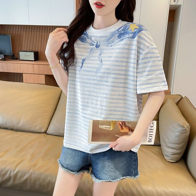 실사 62 면 38 폴리 에스터 반팔 티셔츠 여성 여름 드레스 반팔 얇은 스타일 스트라이프 루즈핏 작은 키 디자인 센스 맨위 상세 이미지 16