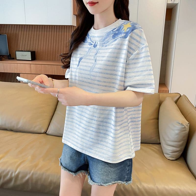 실사 62 면 38 폴리 에스터 반팔 티셔츠 여성 여름 드레스 반팔 얇은 스타일 스트라이프 루즈핏 작은 키 디자인 센스 맨위 상세 이미지 17