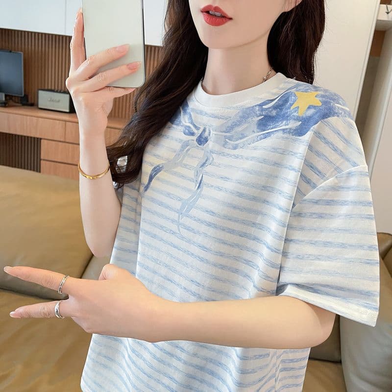 실사 62 면 38 폴리 에스터 반팔 티셔츠 여성 여름 드레스 반팔 얇은 스타일 스트라이프 루즈핏 작은 키 디자인 센스 맨위 상세 이미지 18
