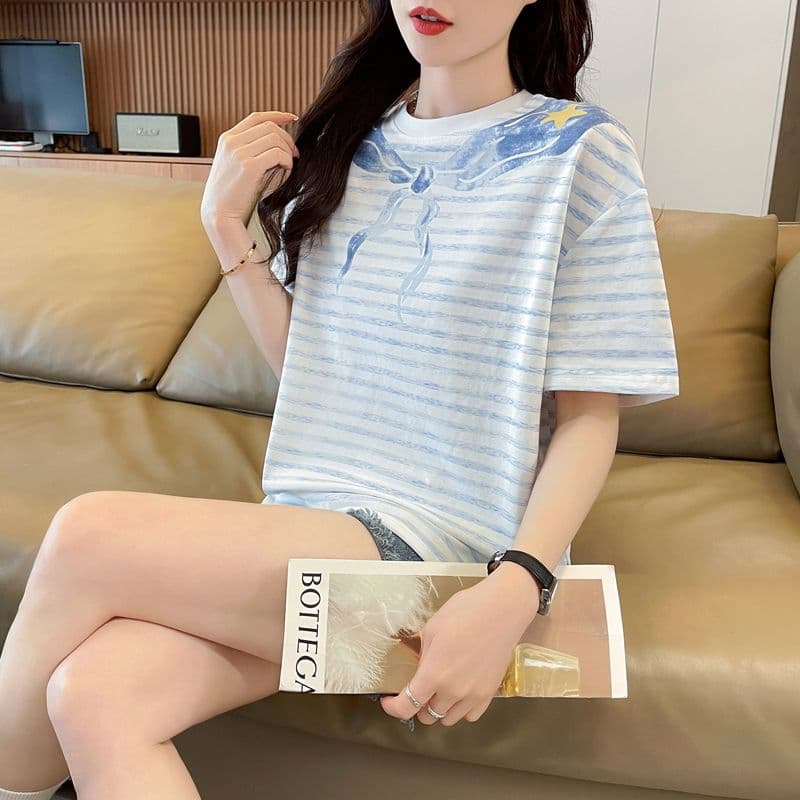 실사 62 면 38 폴리 에스터 반팔 티셔츠 여성 여름 드레스 반팔 얇은 스타일 스트라이프 루즈핏 작은 키 디자인 센스 맨위 상세 이미지 20