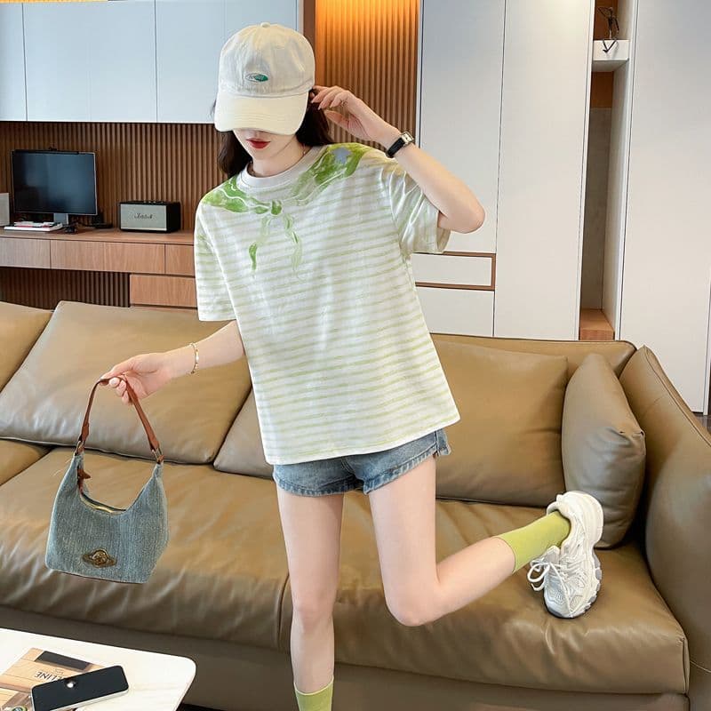 실사 62 면 38 폴리 에스터 반팔 티셔츠 여성 여름 드레스 반팔 얇은 스타일 스트라이프 루즈핏 작은 키 디자인 센스 맨위 상세 이미지 23