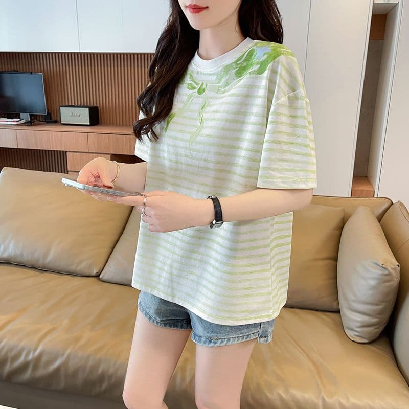실사 62 면 38 폴리 에스터 반팔 티셔츠 여성 여름 드레스 반팔 얇은 스타일 스트라이프 루즈핏 작은 키 디자인 센스 맨위 상세 이미지 26